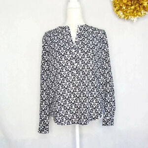 J.Crew Henley Shirt Black White Geometric Long Sleeve Notch Neck Button S